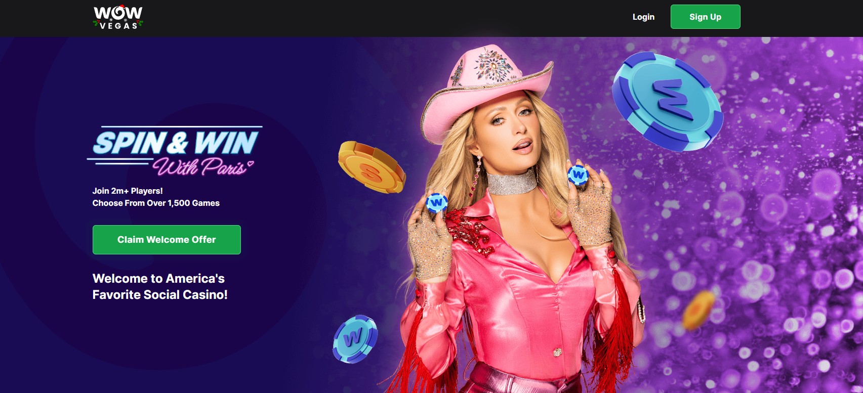 WOW Vegas Casino lobby interface with daily bonuses and rotating events